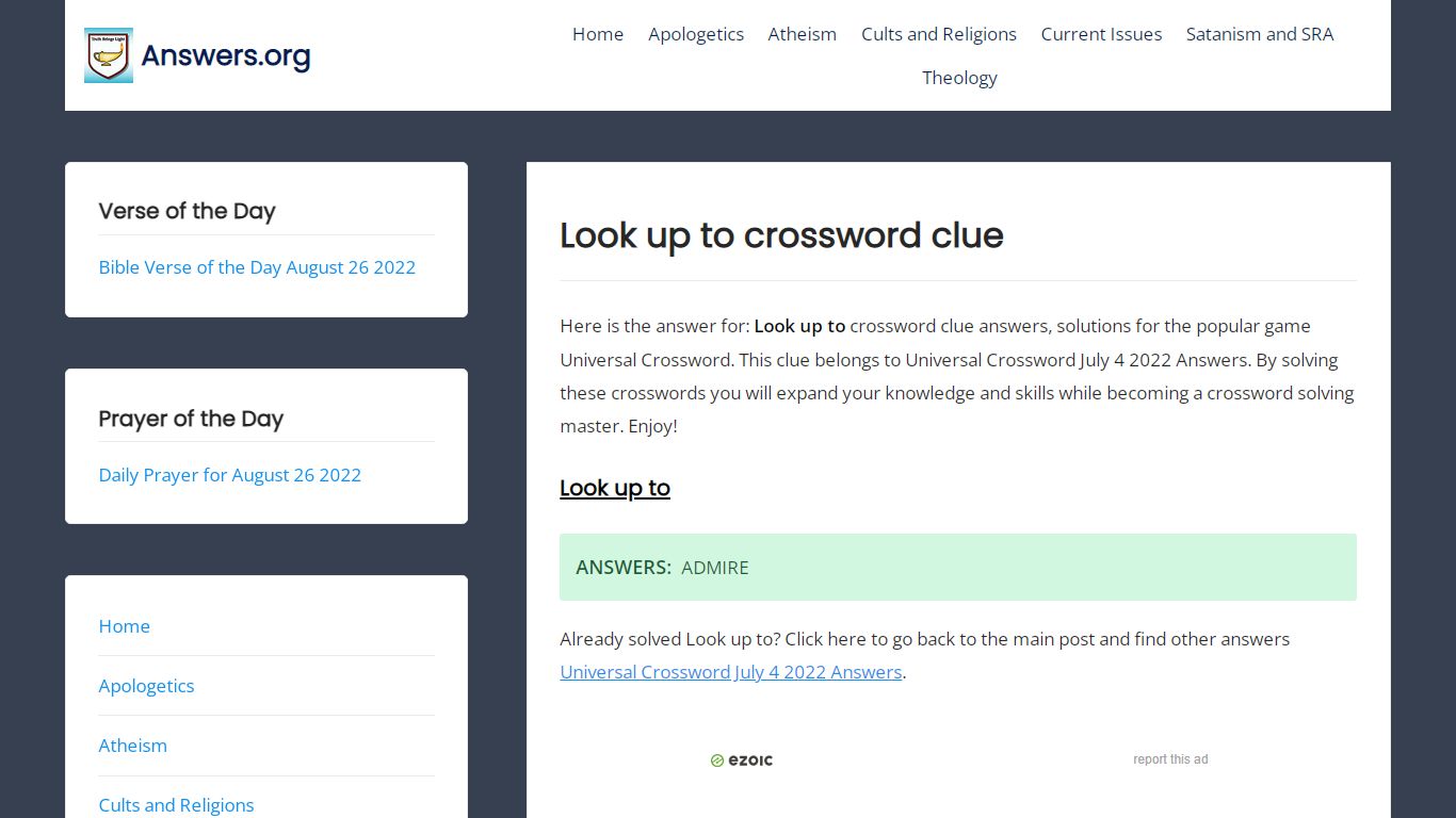 Look up to crossword clue - Answers.org